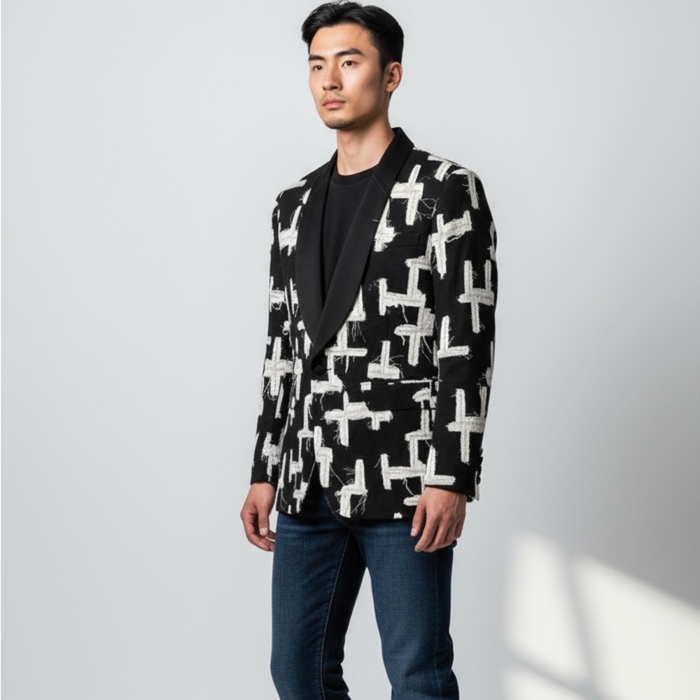 New Tom Rebl Designer Statement Blazer – Black & White Textured Fringe Pattern